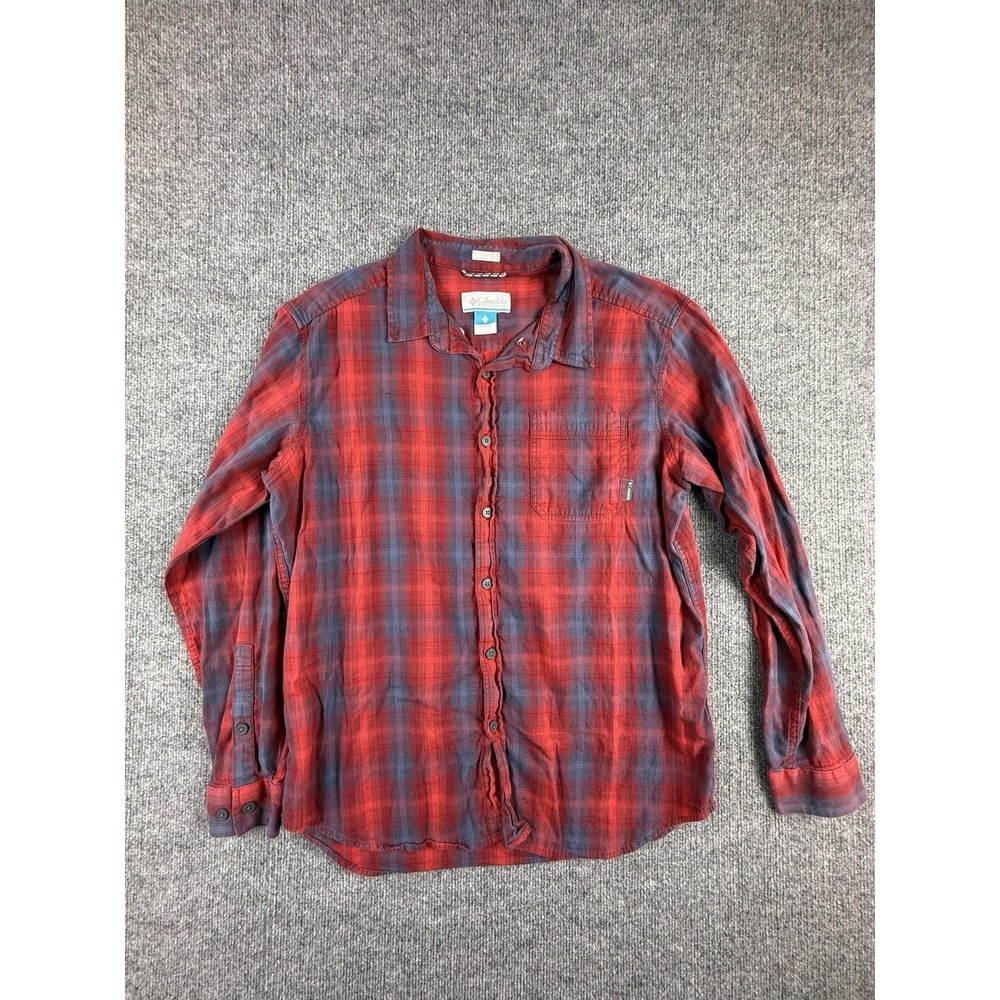 Columbia Shirt Mens Large Red Plaid Long Sleeve Button Up Regular Fit Stretch